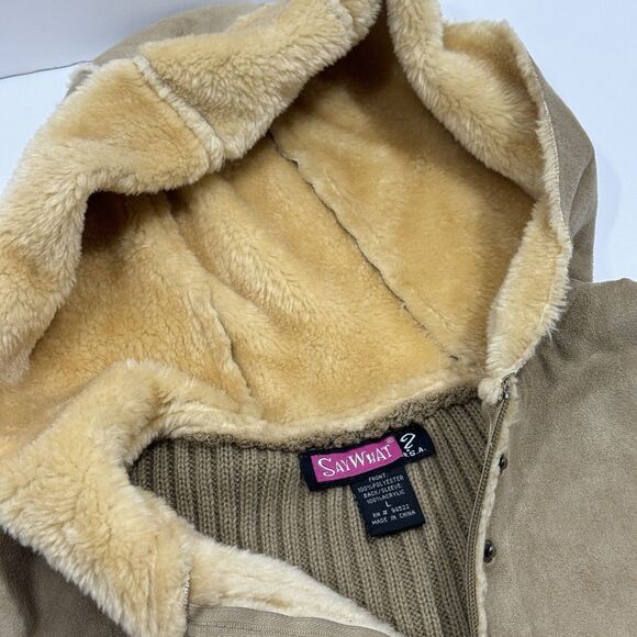 Woman's Say What Faux Fur Zip-up Button Tan Brown Petite Jacket Size Large Hood - Picture 5 of 9